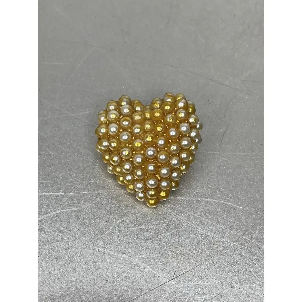Statement ART 3D Faux Pearl Gold Tone Heart Brooch Vintage Pin